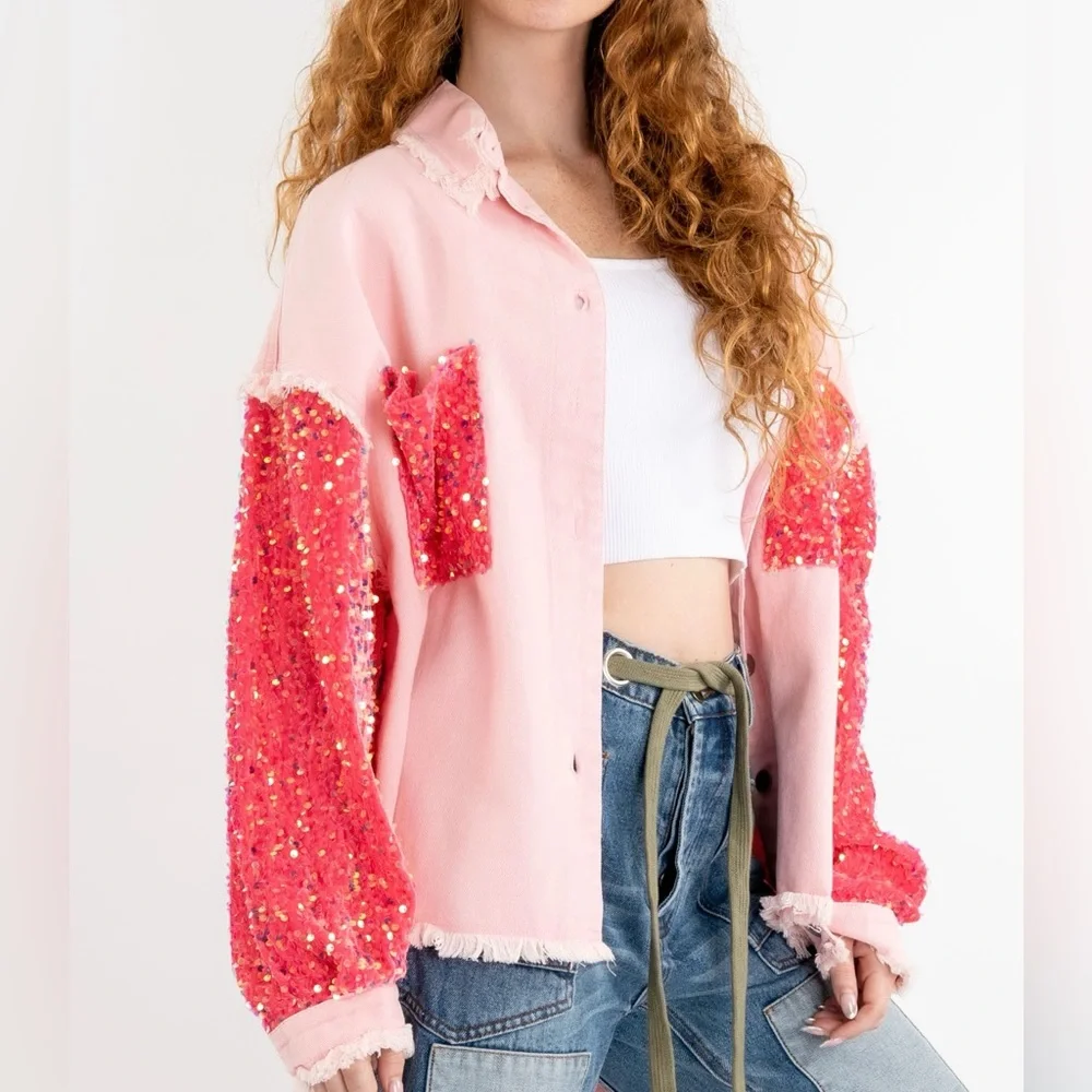 🔥🔥Denim Oversized Contrast Sleeve Shacket With Sequence Pink Size NWT - Picture 3 of 5